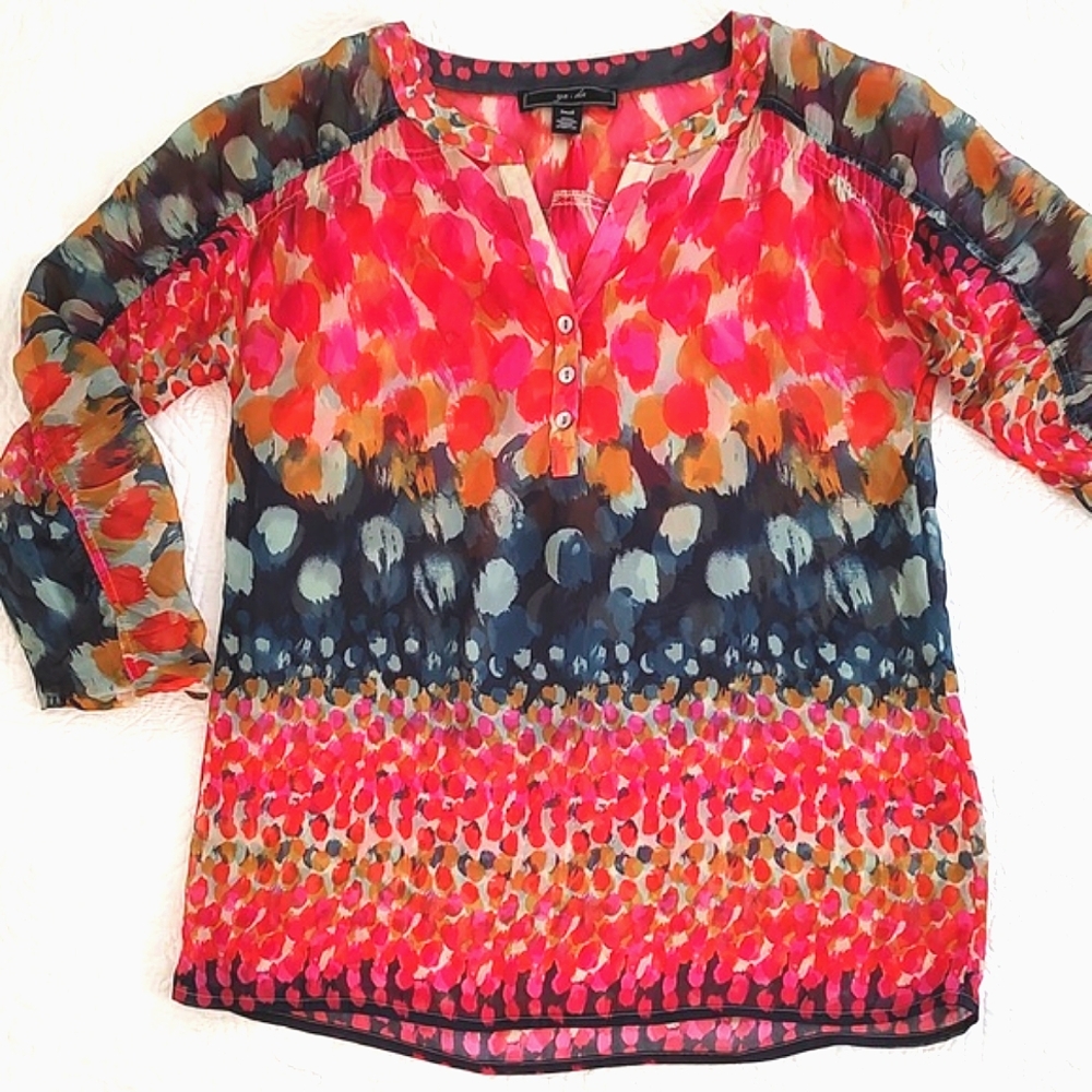 Ya-Da Womens100% Silk V-neck Ruched 3/4 Sleeve Blouse/Size S